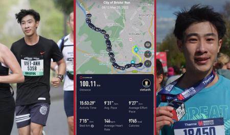 Two images of Viet-Anh running at mass participation events and a screenshot from his tracker showing the 100km run completed on 20 May 2023 in 15:53:29"